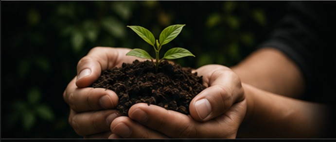 Hands holding a plant in soil